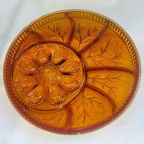 Egg Plate Relish Plate Round Amber Pebble Leaf by Indiana Glass VTG Discontinued - Picture 8 of 11